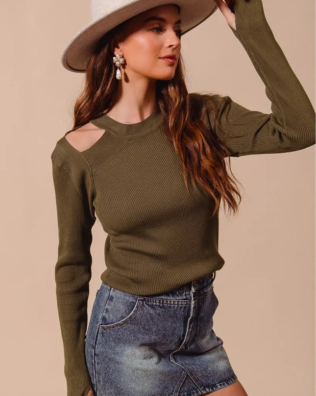 SO ME Rib Knit Top with Shoulder Cut Out
