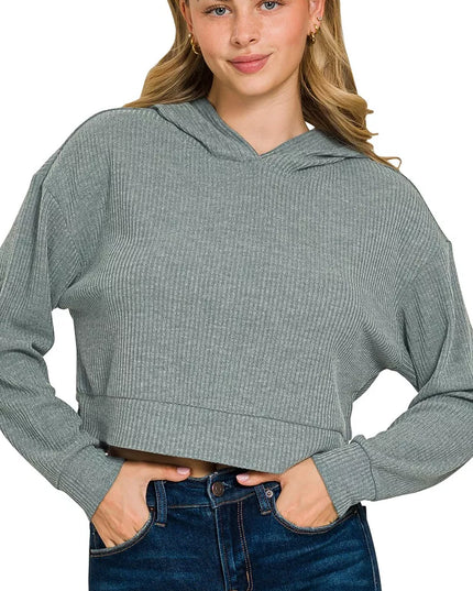 Zenana Drop Shoulder Ribbed Crop Hoodie ASH JADE