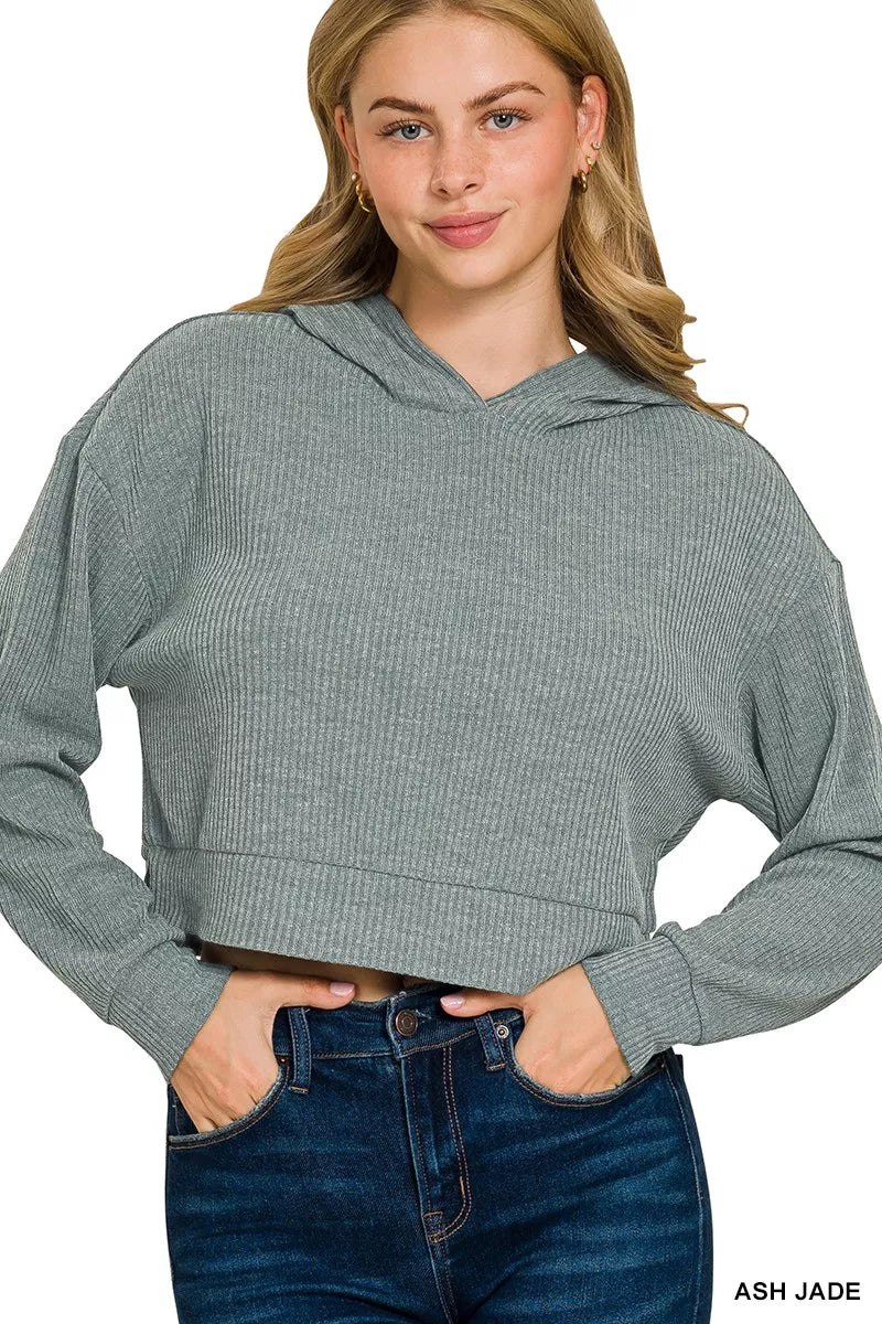 Zenana Drop Shoulder Ribbed Crop Hoodie ASH JADE