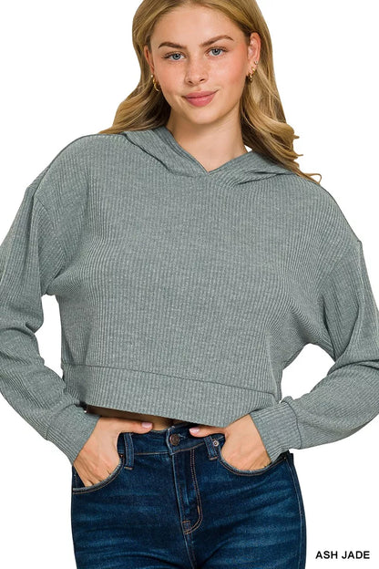 Zenana Drop Shoulder Ribbed Crop Hoodie ASH JADE
