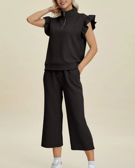 Double Take Full Size Texture Ruffle Short Sleeve Top and Wide Leg Pants Set