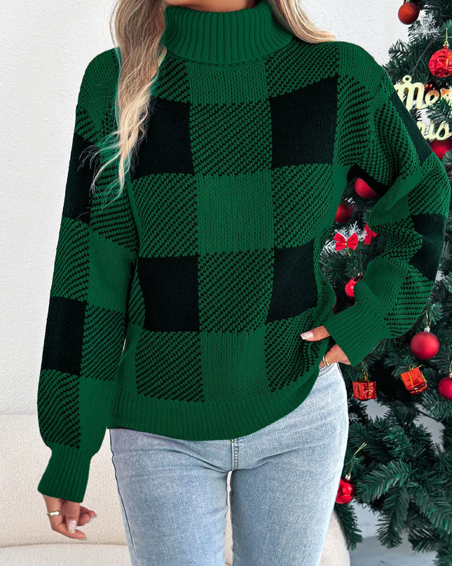 Christmas Plaid Long Sleeve Turtleneck Sweater Green