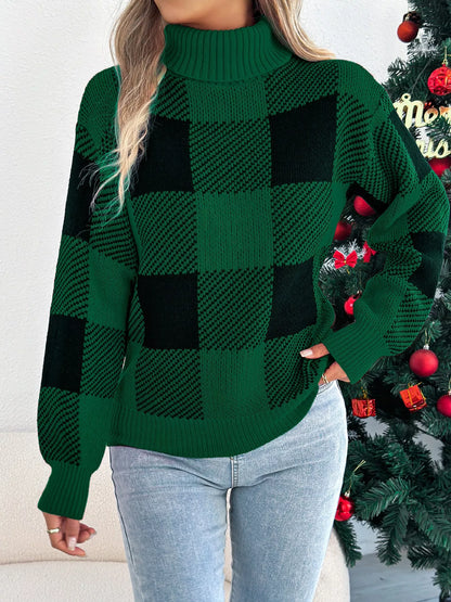 Christmas Plaid Long Sleeve Turtleneck Sweater Green