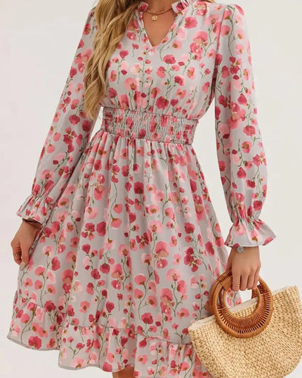 Floral Print Flounce Sleeve Ruffle Hem Dress
