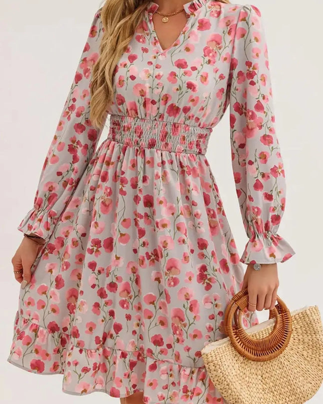 Floral Print Flounce Sleeve Ruffle Hem Dress