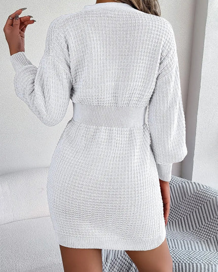 Buttoned Cable-Knit V-Neck Sweater Dress