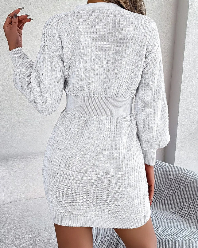 Buttoned Cable-Knit V-Neck Sweater Dress
