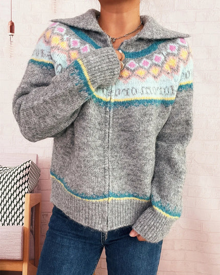 Fair Isle Pattern Zip-Up Cardigan Gray One Size