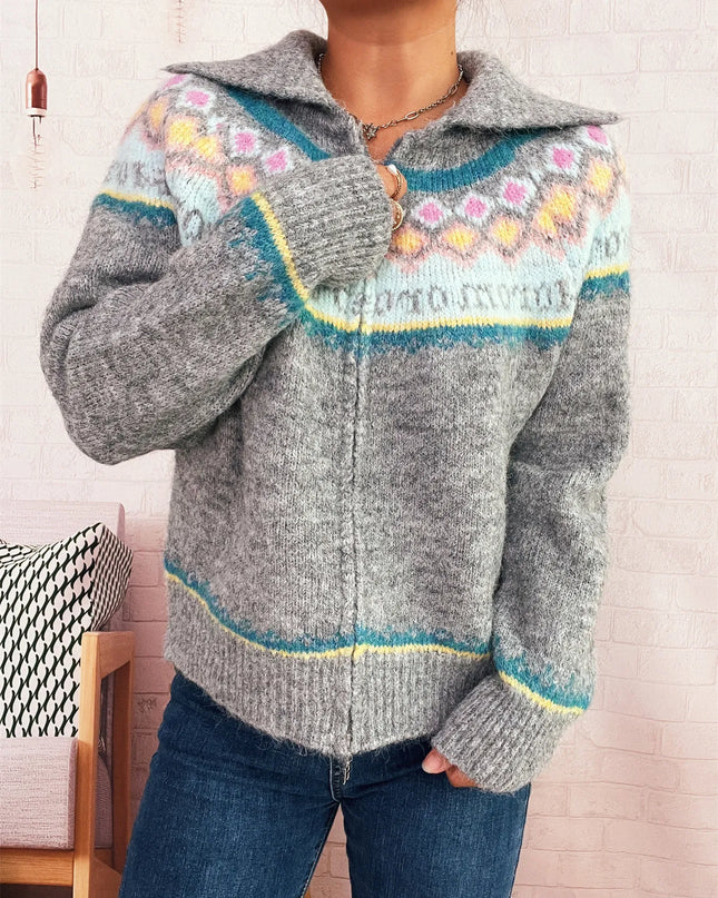 Fair Isle Pattern Zip-Up Cardigan Gray One Size
