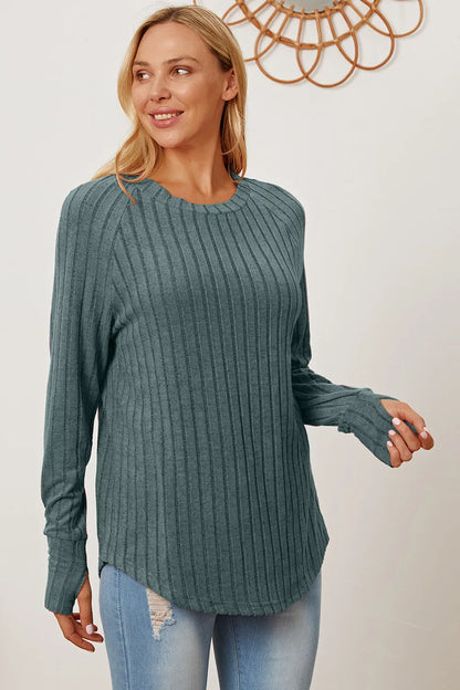 Basic Bae Full Size Ribbed Thumbhole Sleeve T-Shirt Turquoise
