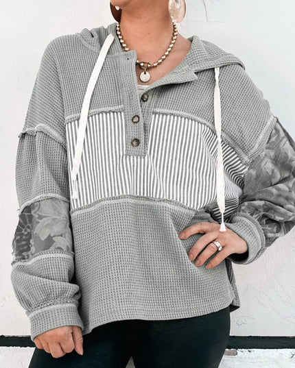 Waffle Knit Striped Drawstring Hoodie