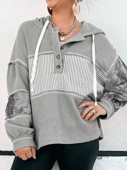 Waffle Knit Striped Drawstring Hoodie