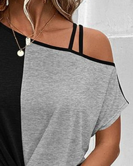 Contrast Asymmetrical Neck Short Sleeve T-Shirt