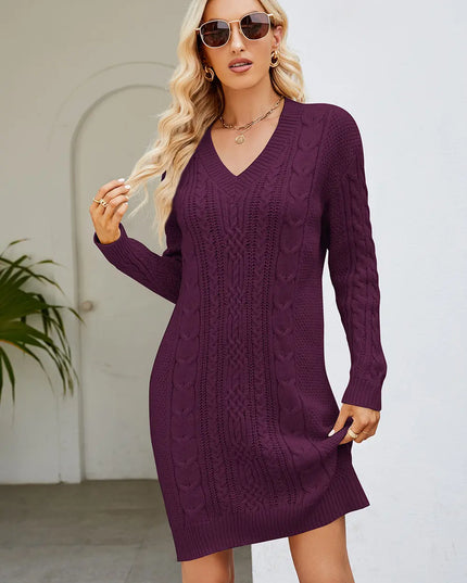 Cable-Knit Long Sleeve Sweater Dress Magenta