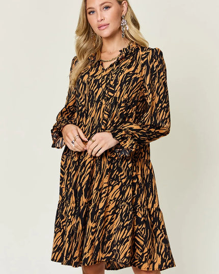 Double Take Full Size Printed Ruffle Hem Long Sleeve Dress Caramel