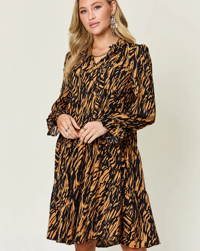 Double Take Full Size Printed Ruffle Hem Long Sleeve Dress Caramel