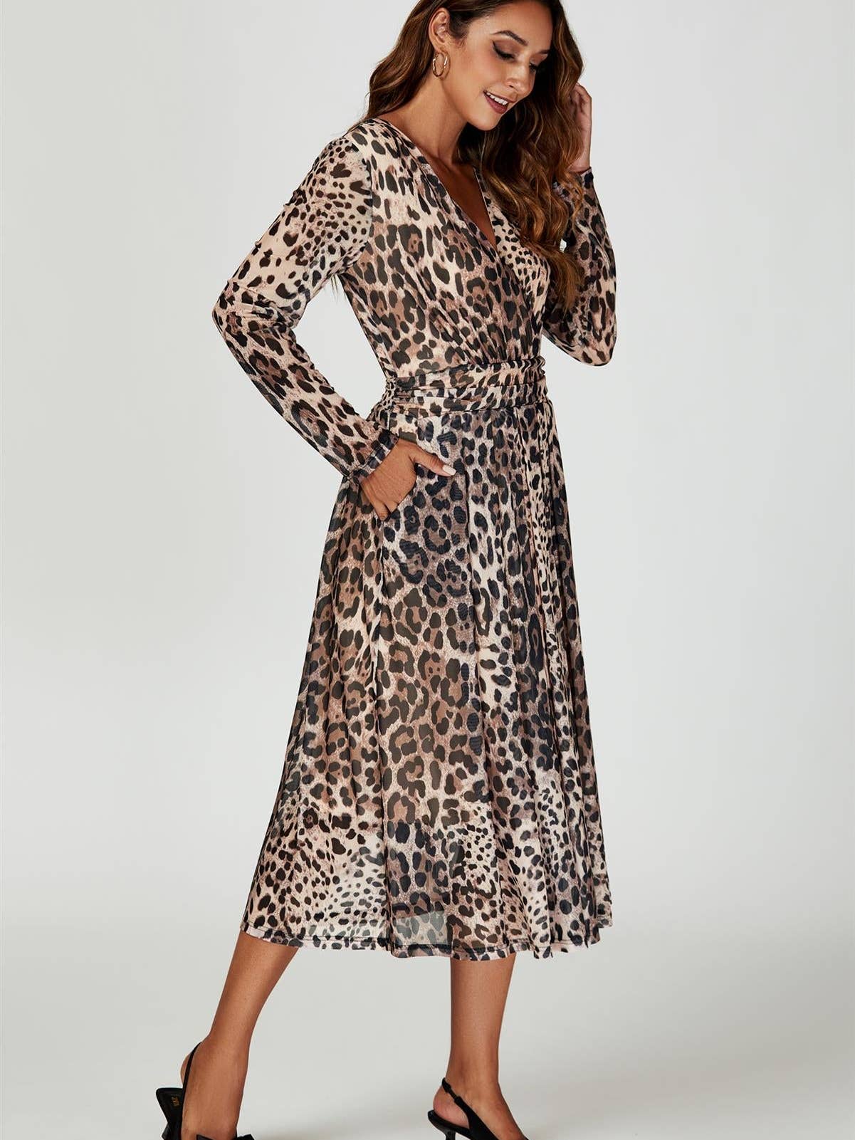 Leopard Print Mesh Midi Dress in Brown Leopard
