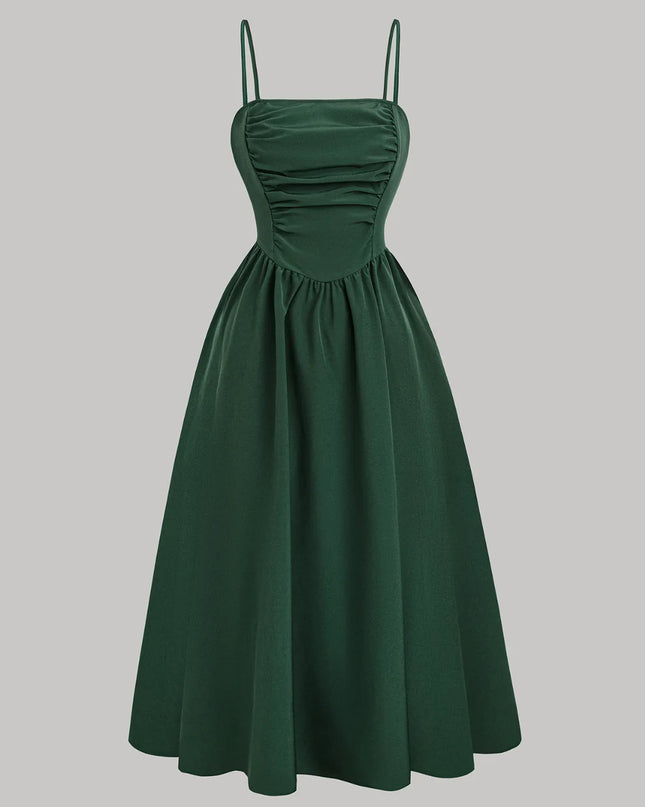 Smocked Square Neck Cami Dress Dark Green