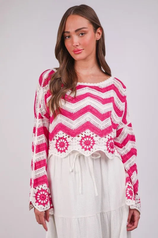 VERY J Chevron/Floral Pattern Crochet Knit Top