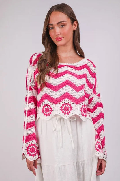 VERY J Chevron/Floral Pattern Crochet Knit Top