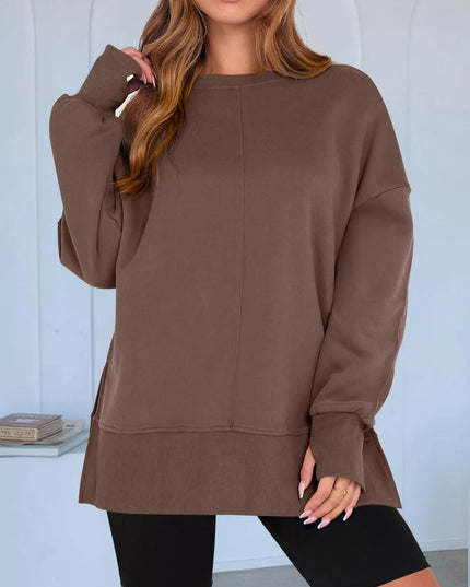 Side Slit Round Neck Long Sleeve Sweatshirt