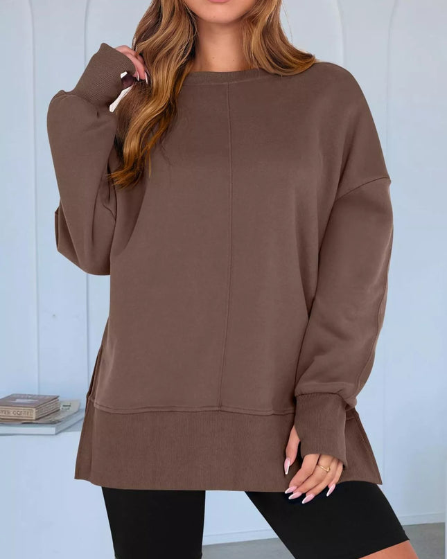 Side Slit Round Neck Long Sleeve Sweatshirt