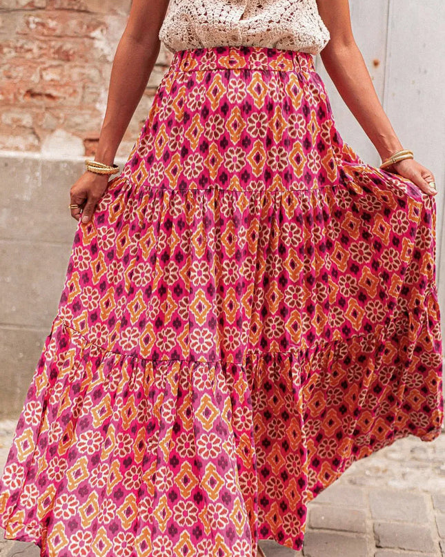 Printed Tiered Maxi Skirt Rose