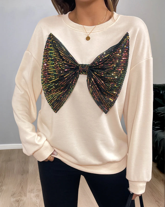 Sequined Bow Round Neck Sweatshirt