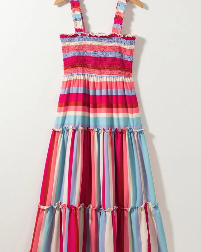Contrast Stripe Wide Strap Smocked Tiered Dress