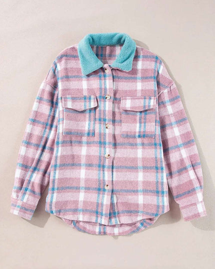 Plaid Collared Neck Flap Pockets Shacket