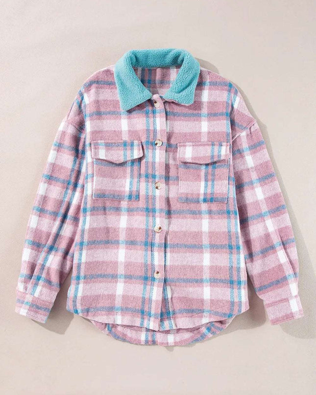 Plaid Collared Neck Flap Pockets Shacket