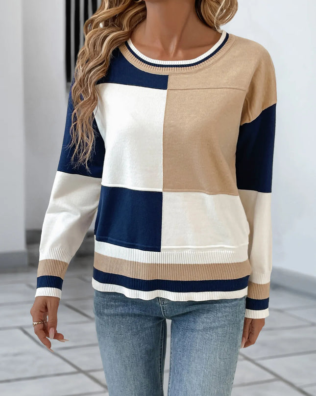 Color Block Round Neck Sweater with Ribbed Trim