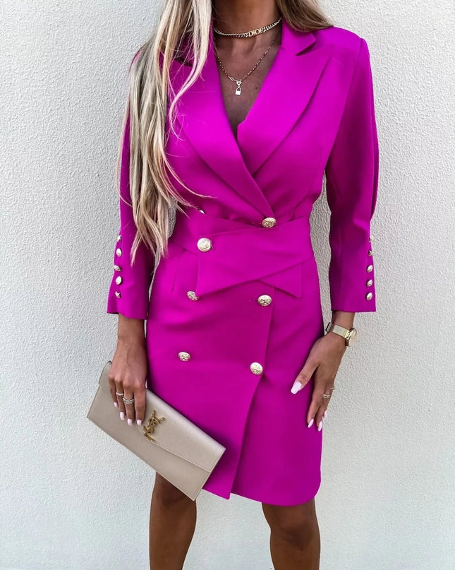 Double-Breasted Lapel Collar Longline Blazer Rose Red