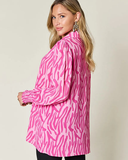 Double Take Full Size Printed Smocked Long Sleeve Blouse Plus Size