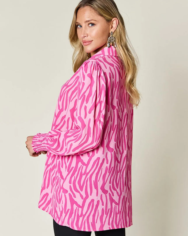 Double Take Full Size Printed Smocked Long Sleeve Blouse Plus Size