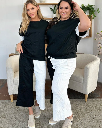 Double Take Full Size Texture Contrast T-Shirt and Wide Leg Pants Set
