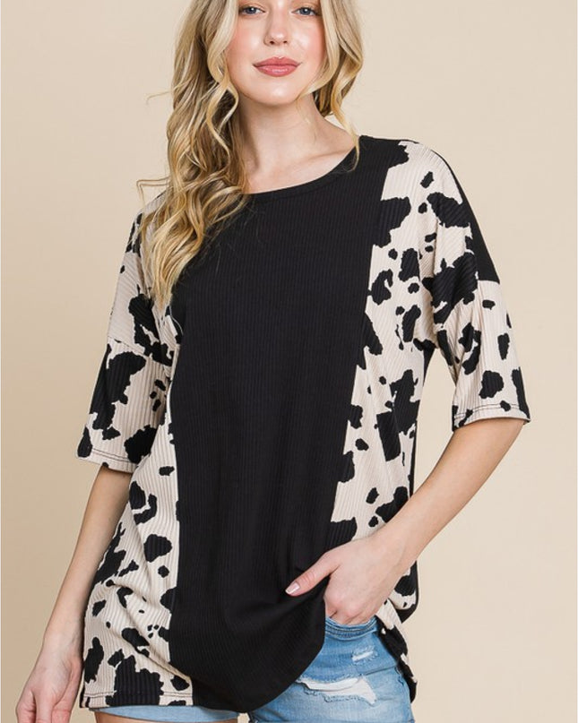 BOMBOM Rodeo Love Ribbed Animal Contrast Tee Black