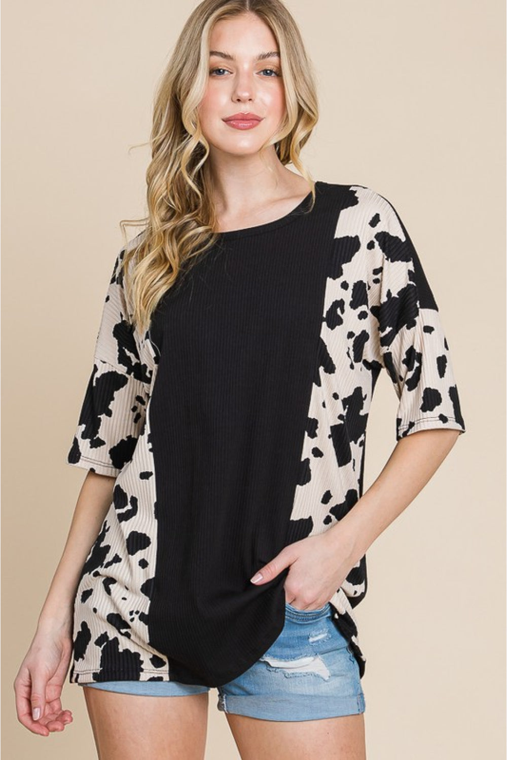 BOMBOM Rodeo Love Ribbed Animal Contrast Tee Black