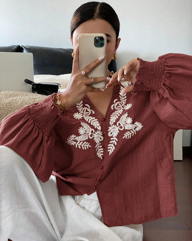 Embroidered Lantern Sleeve Blouse