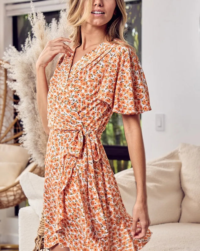 BiBi Floral Tied Short Sleeve Mini Wrap Dress