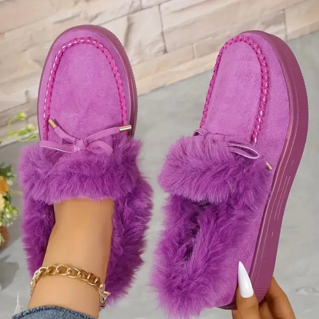 Bow Furry Round Toe Flat Slip-Ons Red-Violet