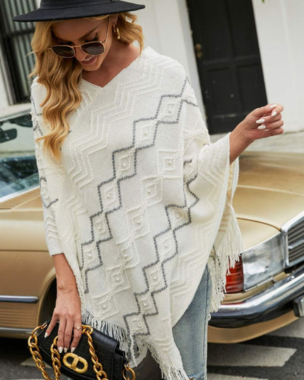 Pearl Trim V-Neck Fringe Hem Poncho