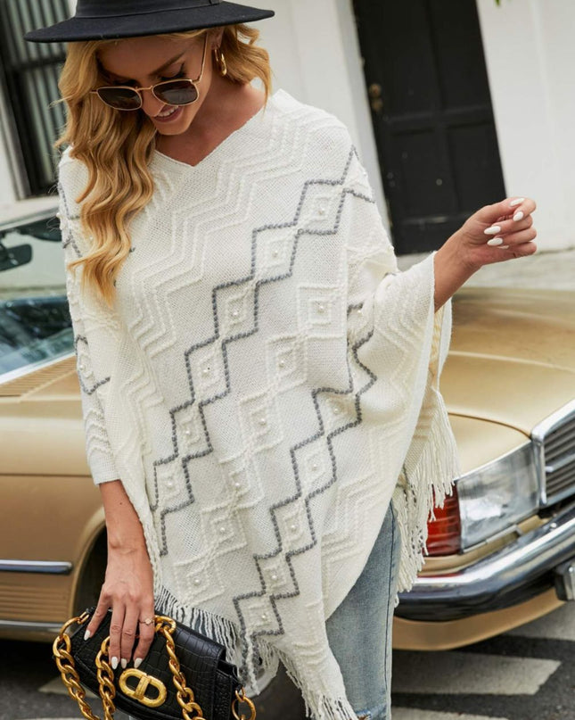 Pearl Trim V-Neck Fringe Hem Poncho