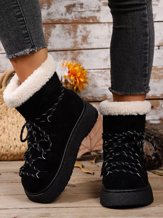 Round Toe Lace Up Platform Boots Black