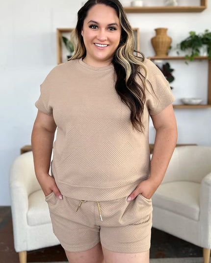 Double Take Full Size Texture Short Sleeve T-Shirt and Drawstring Shorts Set 