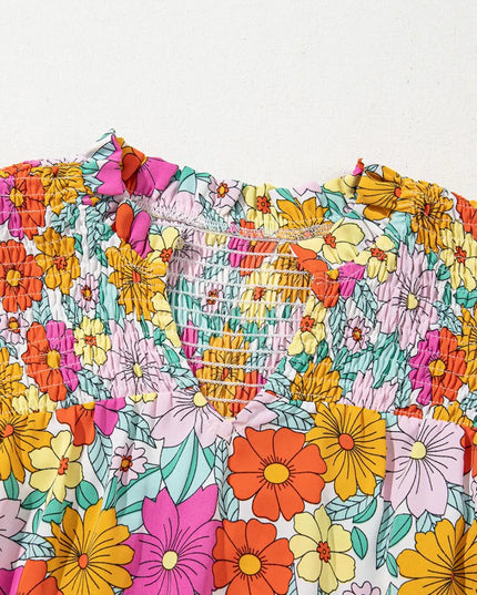 Floral Print Shirred Tiered Ruffled Sleeve Blouse