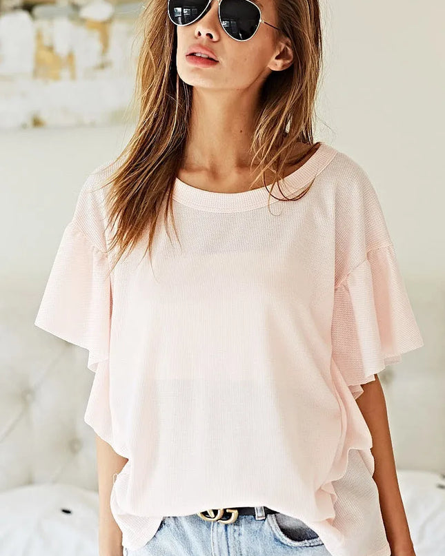 BiBi Thermal Knit with Ruffled Sleeve Top