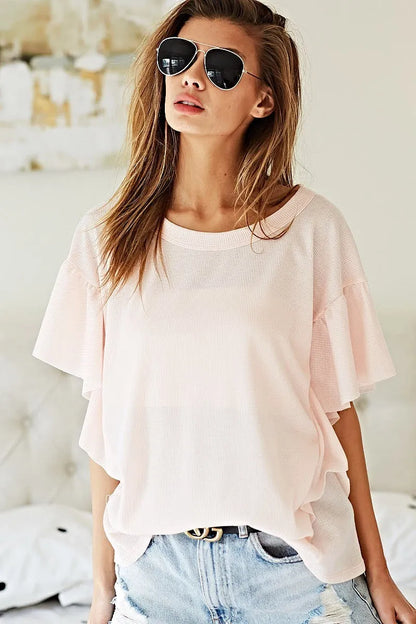BiBi Thermal Knit with Ruffled Sleeve Top