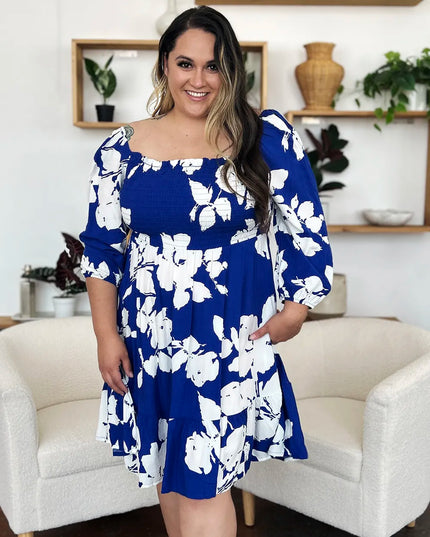 Double Take Full Size Floral Ruffle Hem Smocked Dress with Pockets