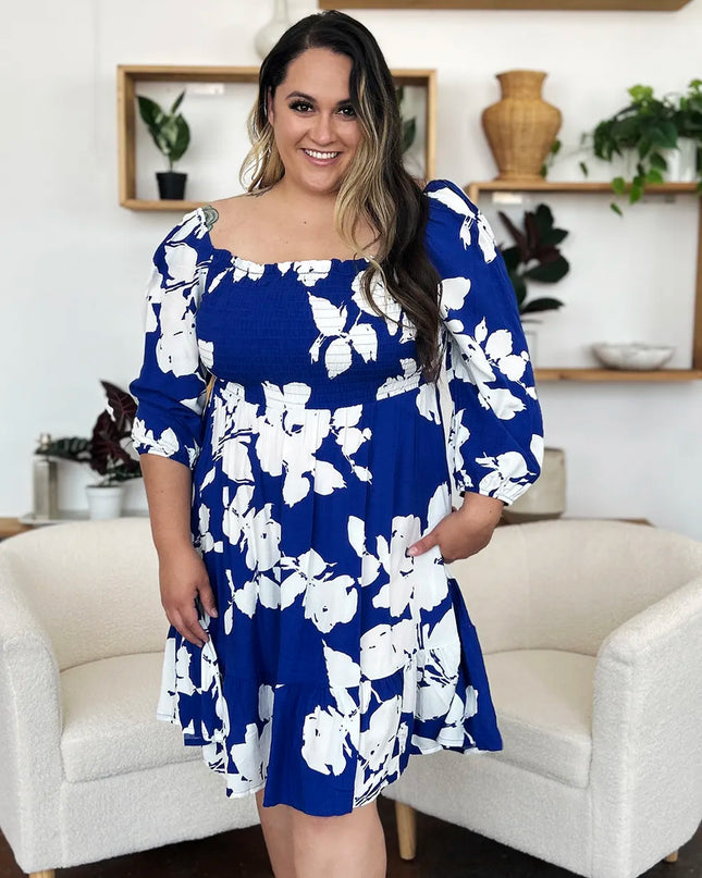 Double Take Full Size Floral Ruffle Hem Smocked Dress with Pockets